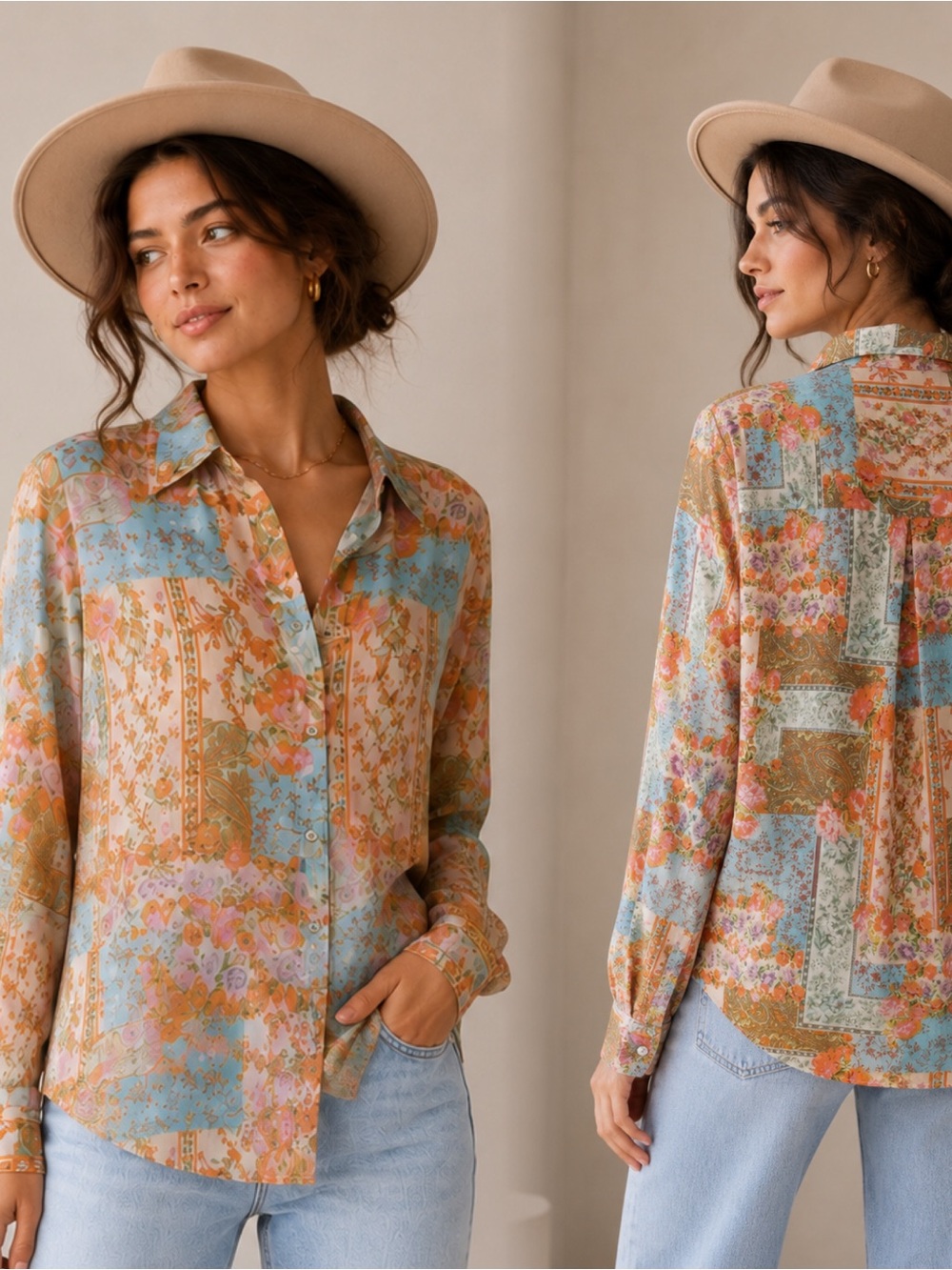 Rose & Olive Patchwork Floral Button-Down Shirt — Peach & Sky